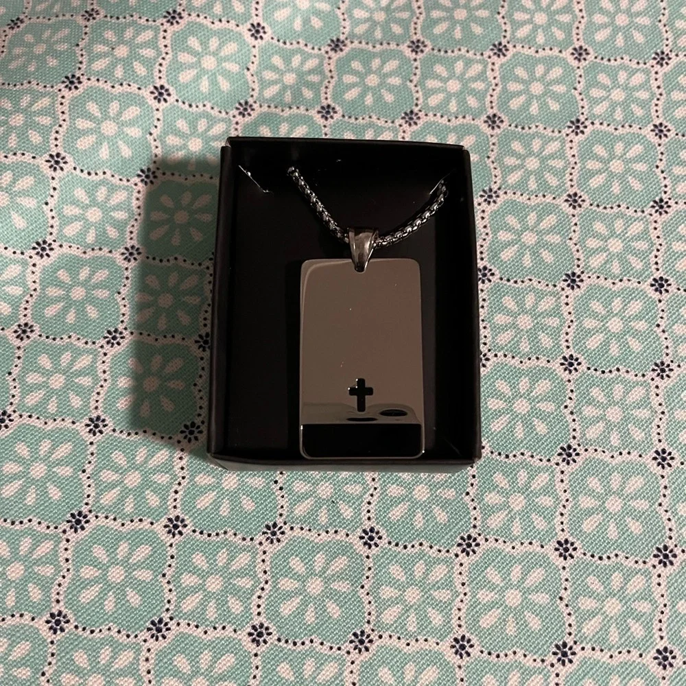 NEW Avon Men's Stainless Steel Onyx Spiritual Necklace, Perfect for Engraving!